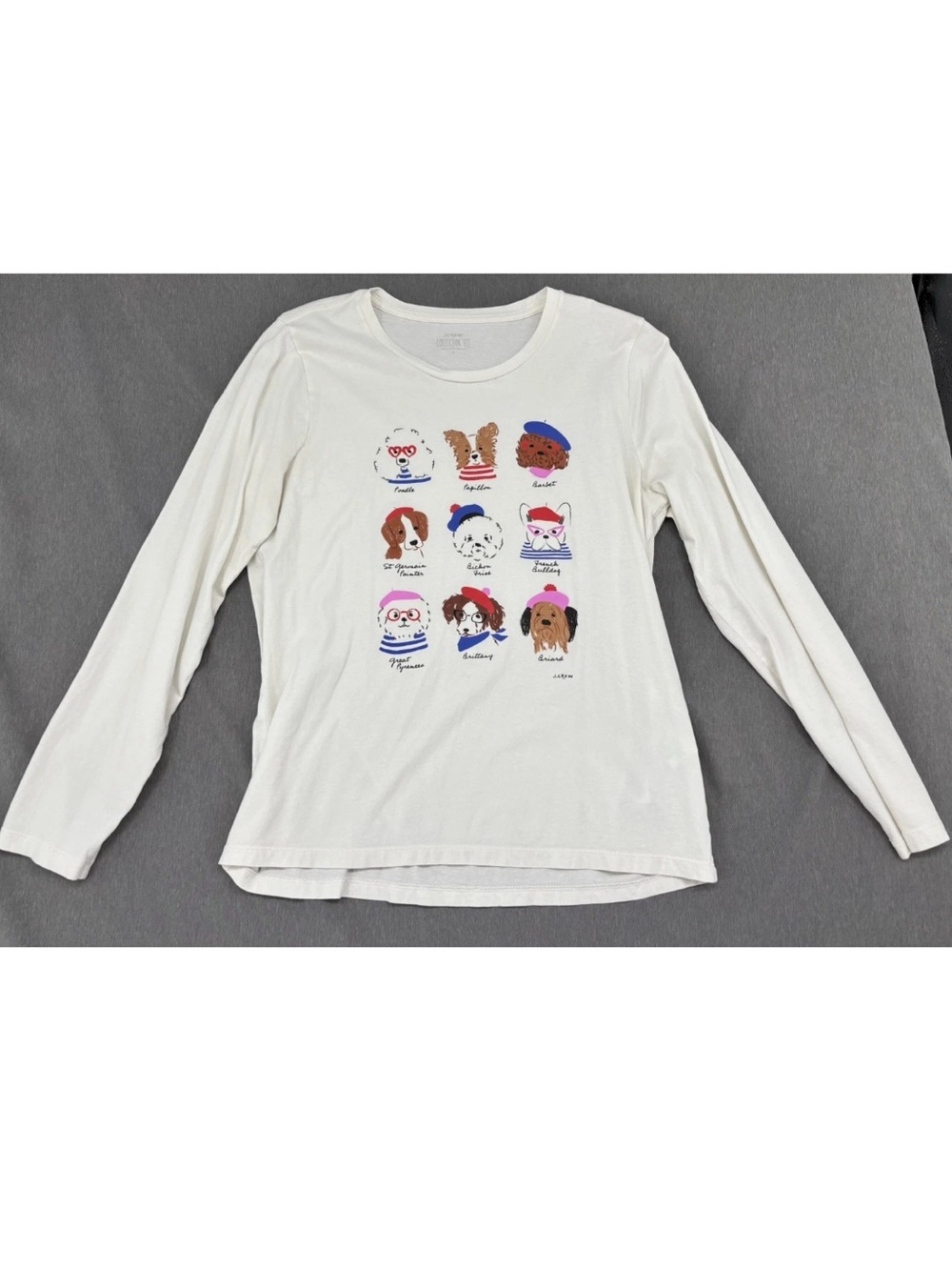 J.Crew Factory Collector Tee FRENCH DOGS Women’s L Cream Long Sleeve Cotton